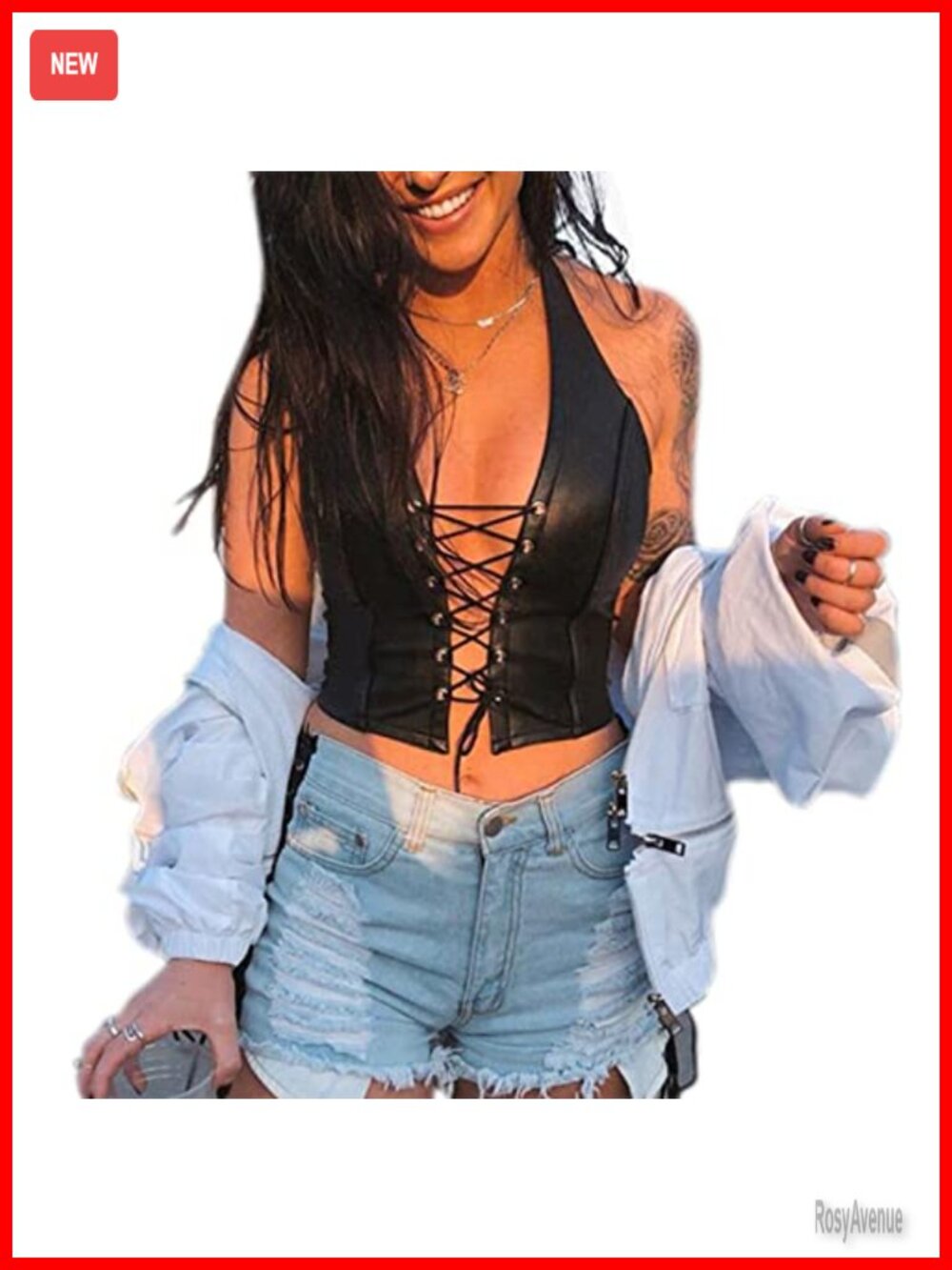 PU Leather Corset Top Adjustable Spaghetti Strap Bustier Rave Club Party